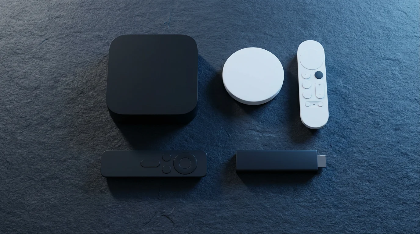 A high-angle flat lay of various modern TV streaming devices and their remotes.