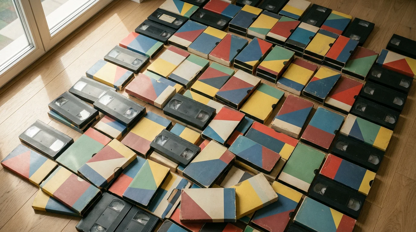 A high-angle flat lay photograph of numerous vintage VHS tapes arranged neatly on a wooden surface.