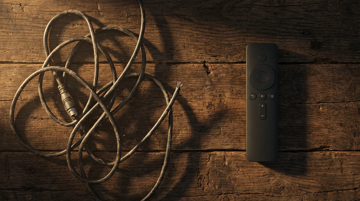 A high-angle photo of a tangled, cut coaxial cable next to a simple remote.