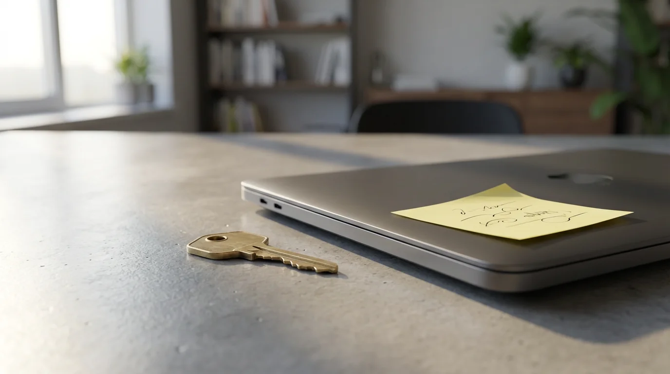 A key and a sticky note with scribbles rest on a modern desk beside a laptop.