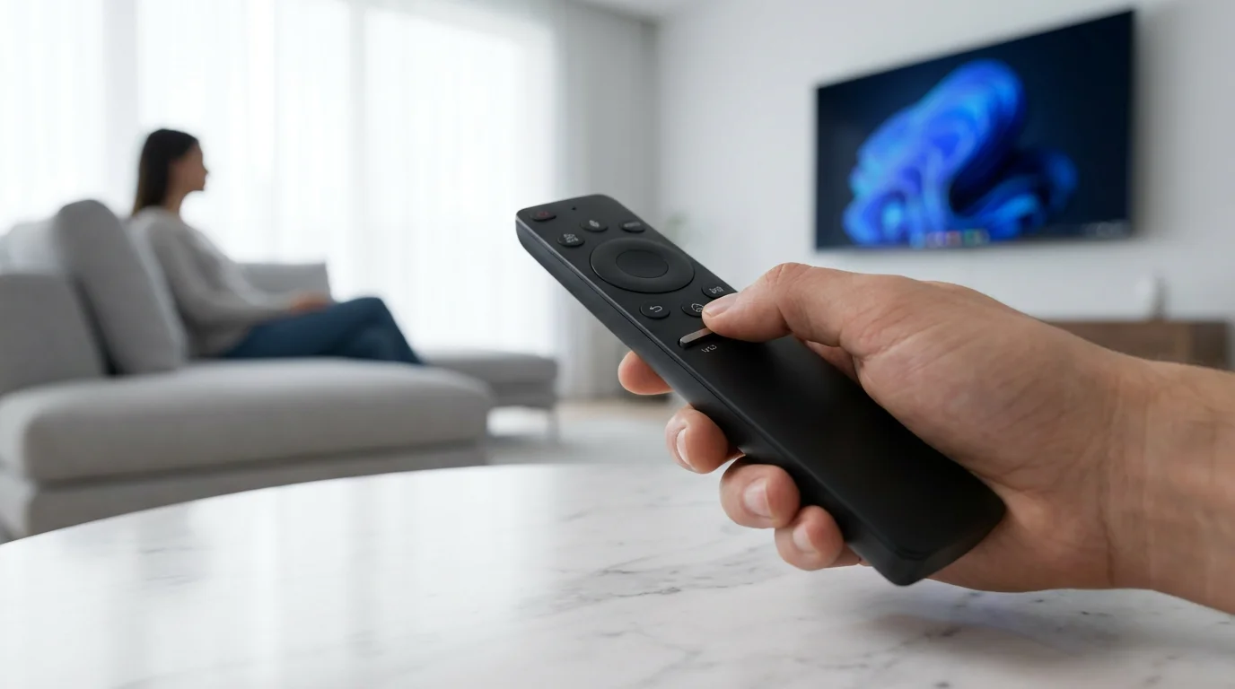 A low angle of a hand holding a streaming remote, pressing the voice button.