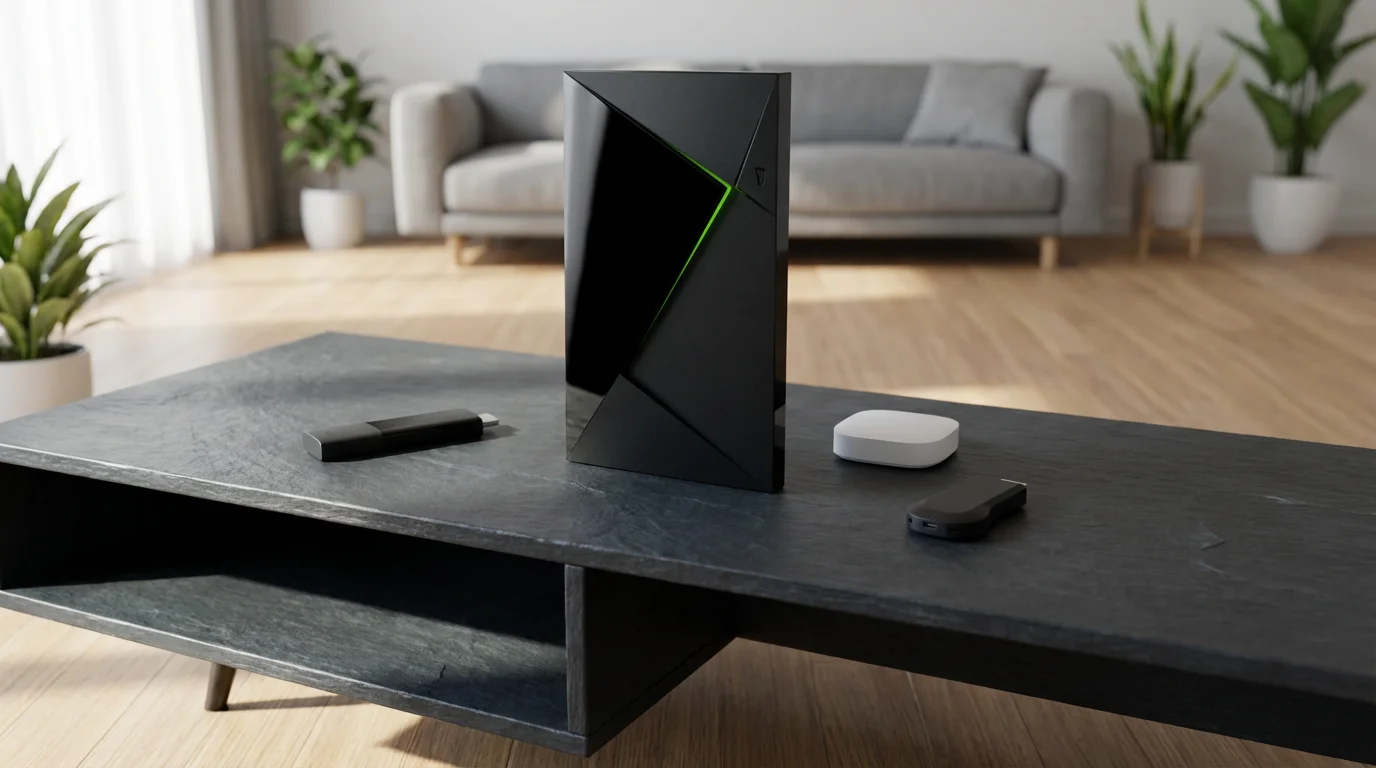 A low angle photo of a large Nvidia Shield TV contrasted with smaller budget streamers.