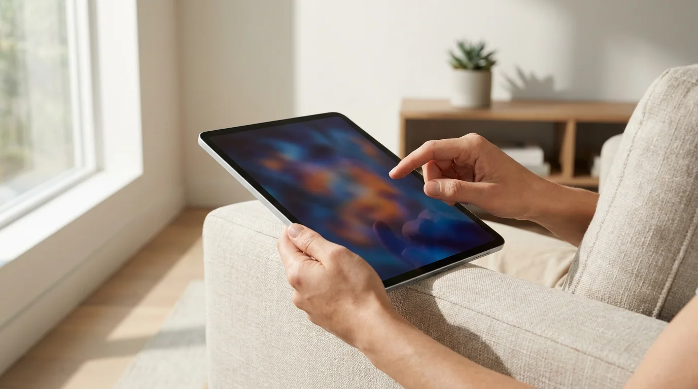 A low angle photo of a person's hands holding a tablet in a sunlit room.