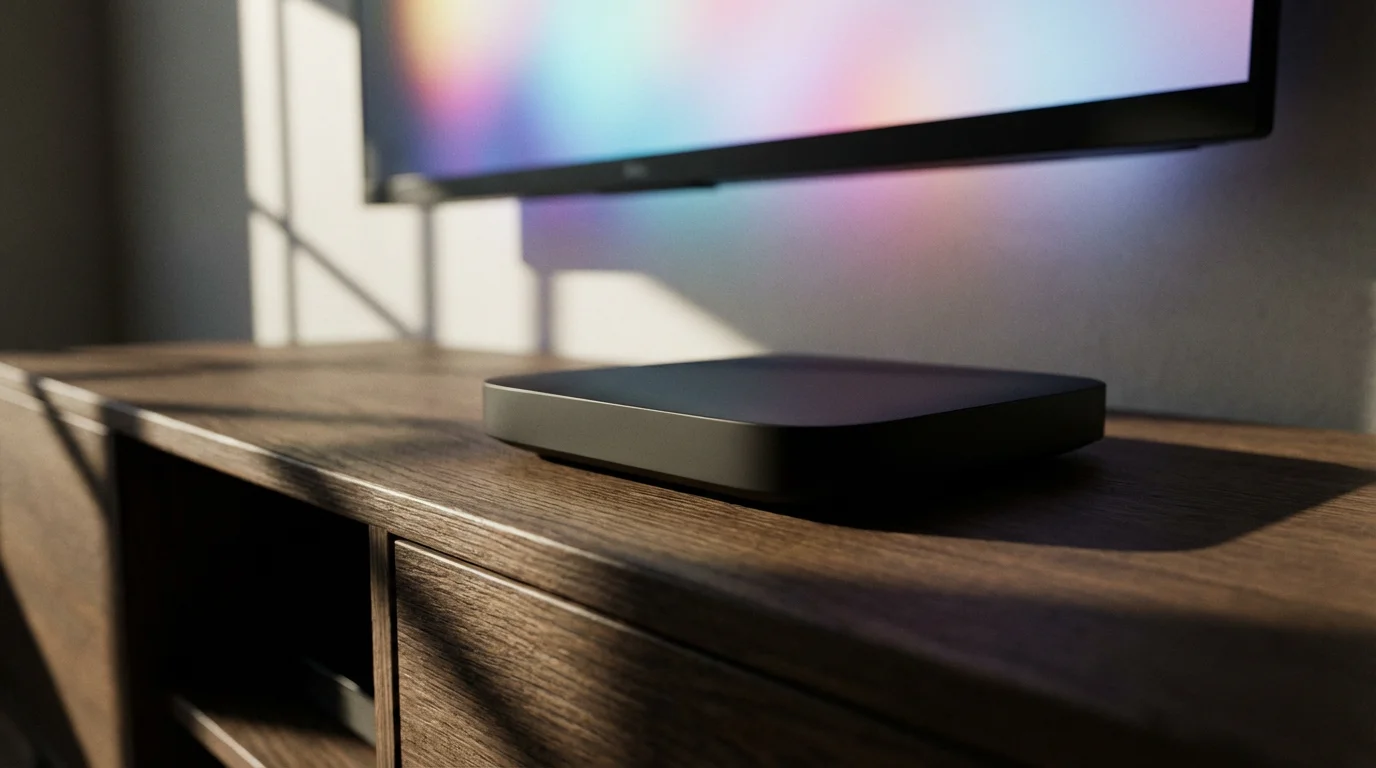 A low-angle photo of a sleek streaming media device on a wooden console.