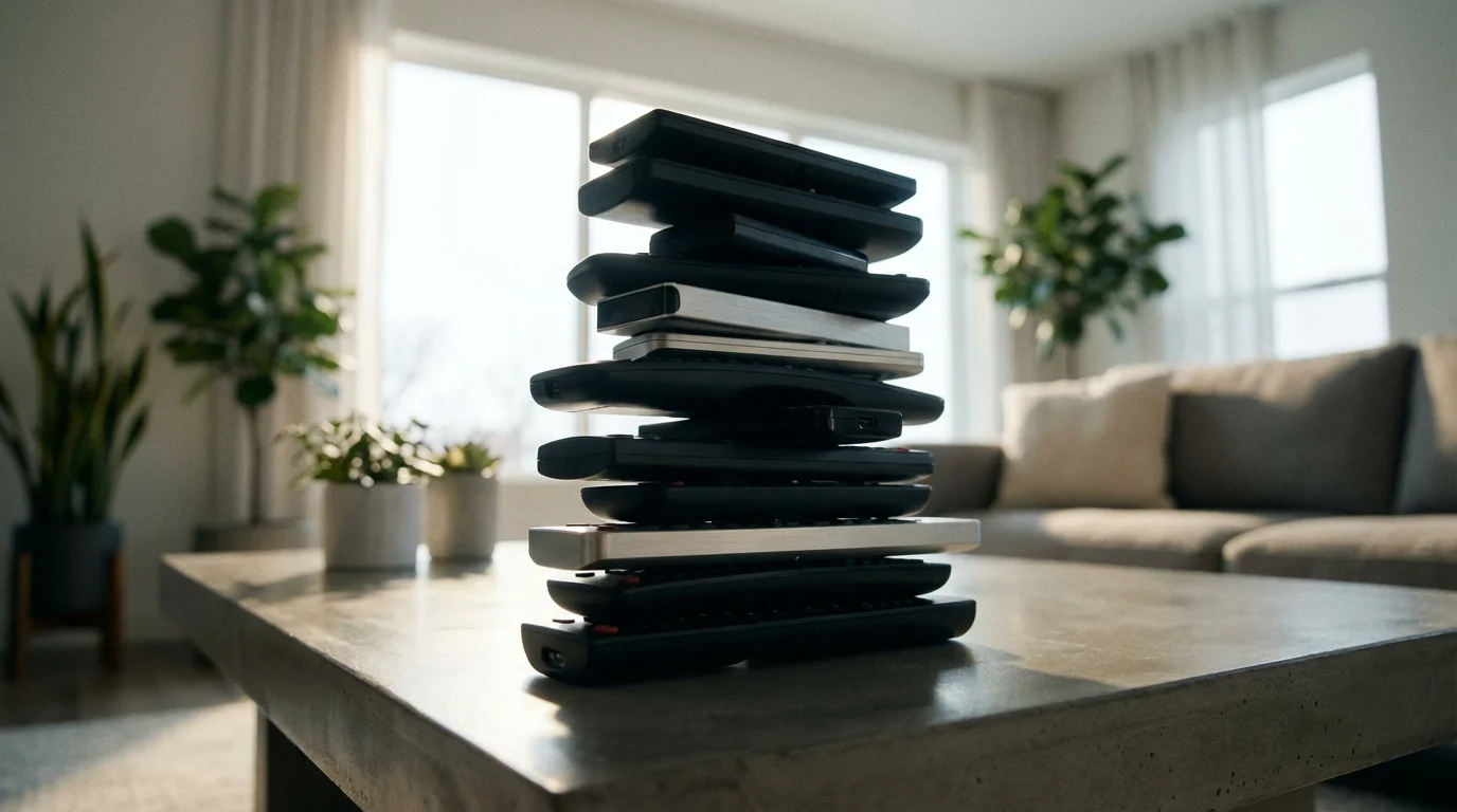 A low angle photograph of a stack of different television remotes on a coffee table.