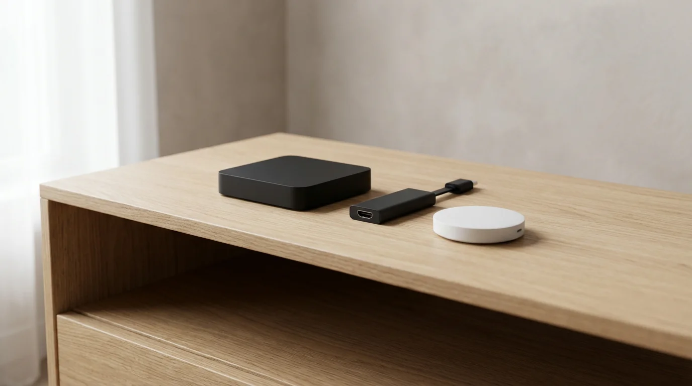 A low angle photograph of three different streaming media devices on a wood console.
