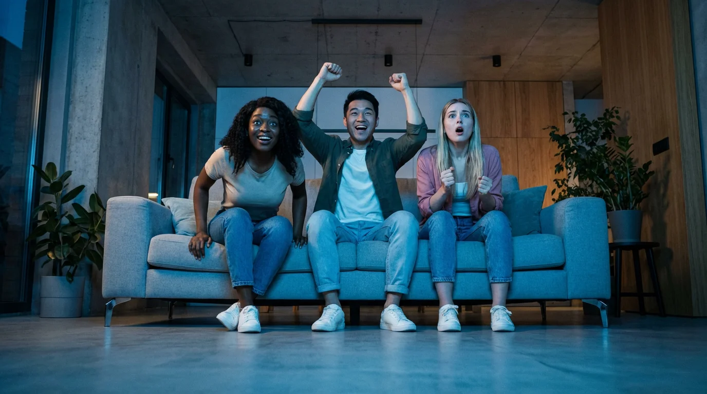 A low angle photograph of three excited friends watching sports on television at night.