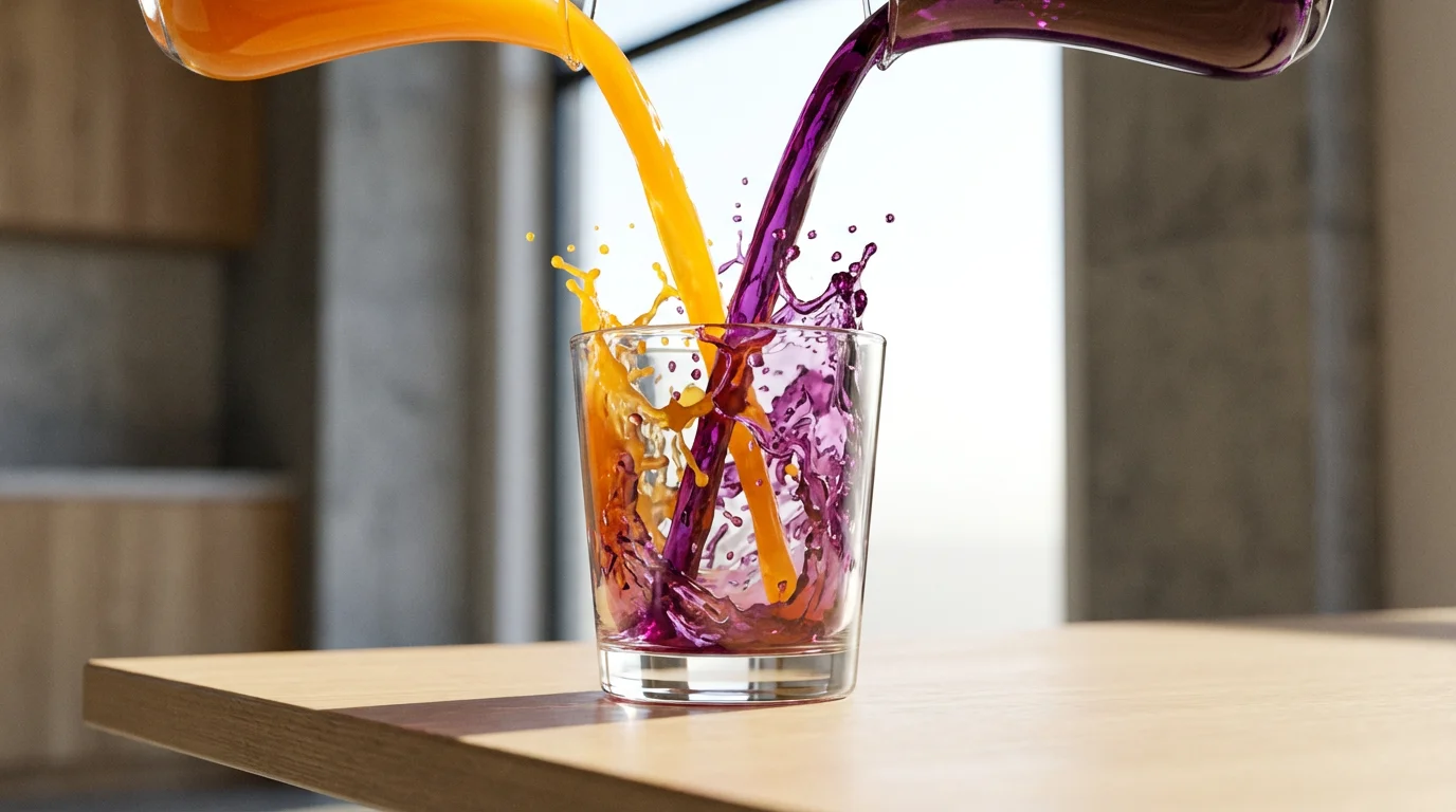 A low angle photograph of vibrant orange and purple liquids merging into a single glass.