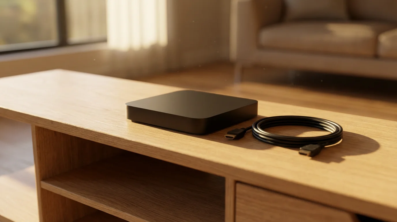 A low angle photorealistic shot of a modern streaming media device on a wood console.
