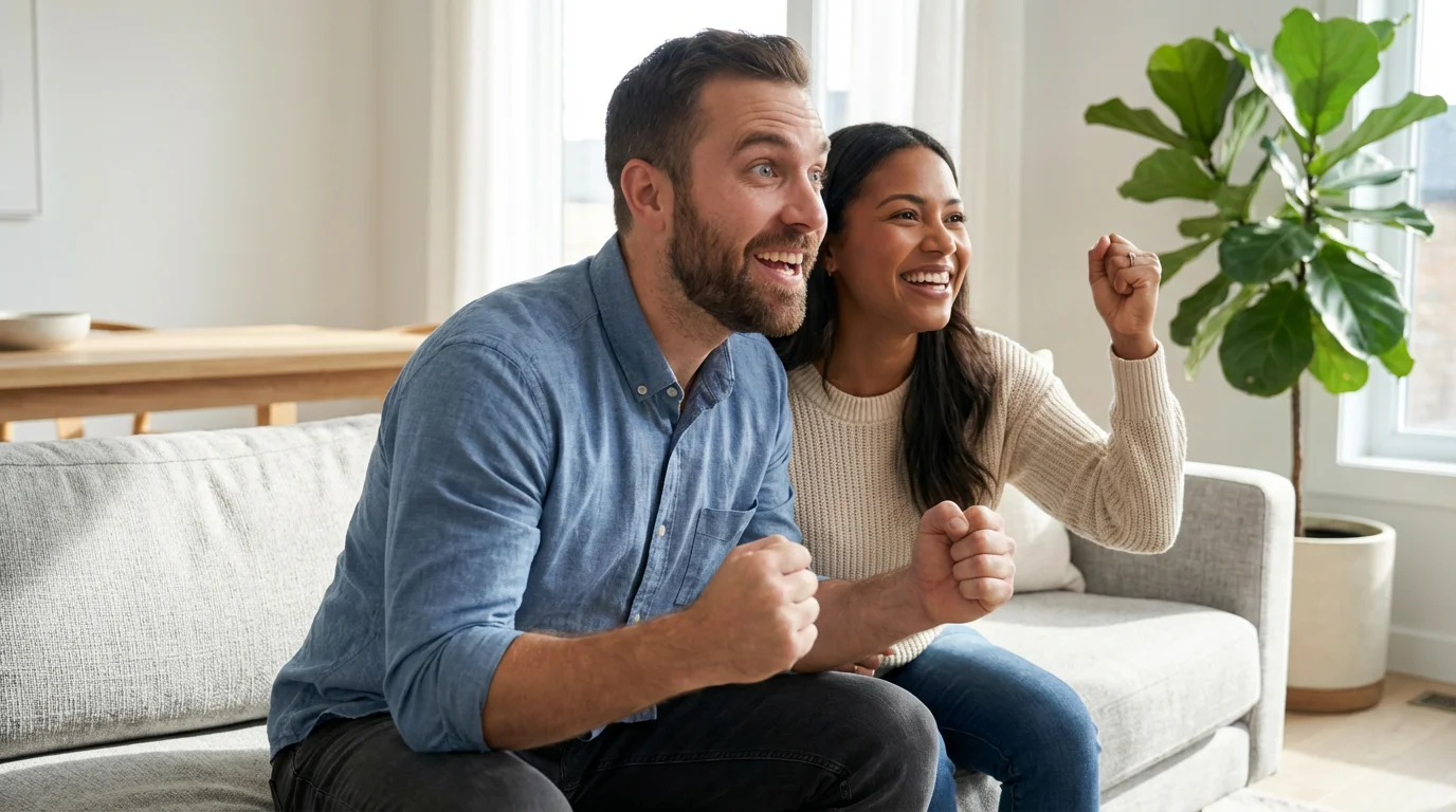 A low angle photorealistic shot of an excited couple on a sofa watching television.
