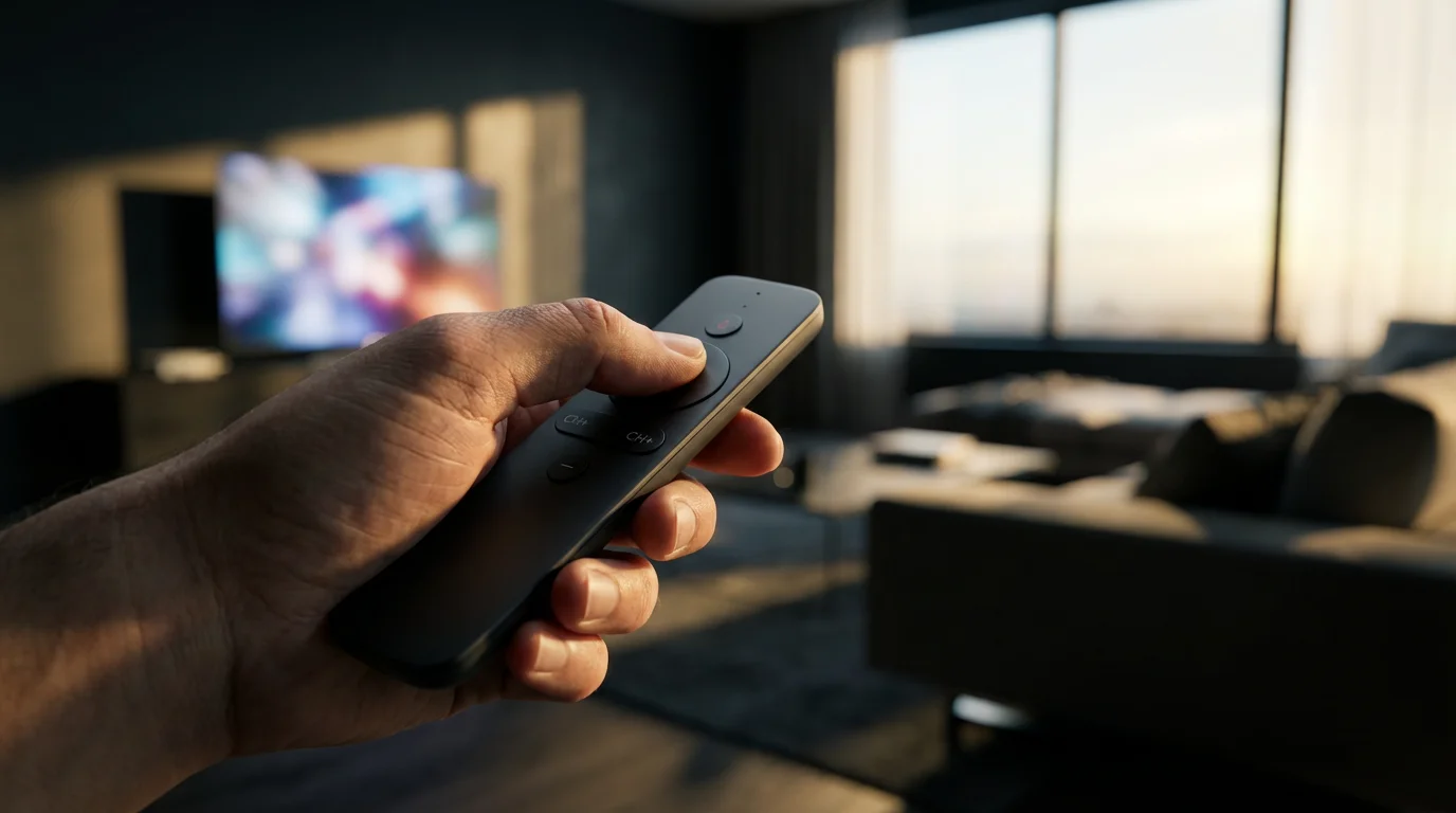 A low angle shot of a hand using a remote control to change channels.