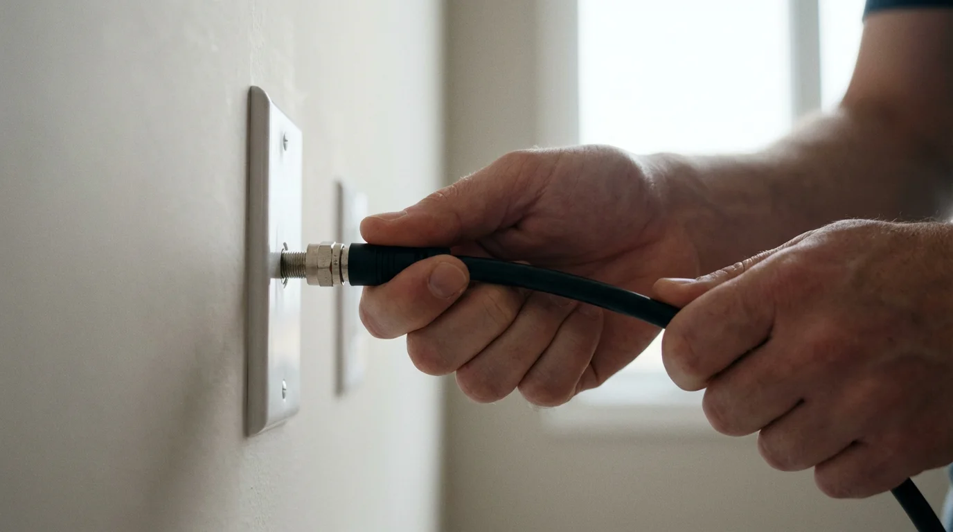 A low angle shot of a person's hands unplugging a black coaxial cable from a wall.