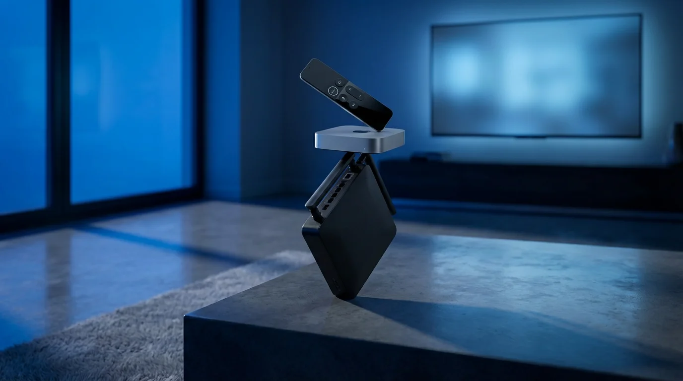 A low angle shot of a precarious stack of entertainment devices at twilight.