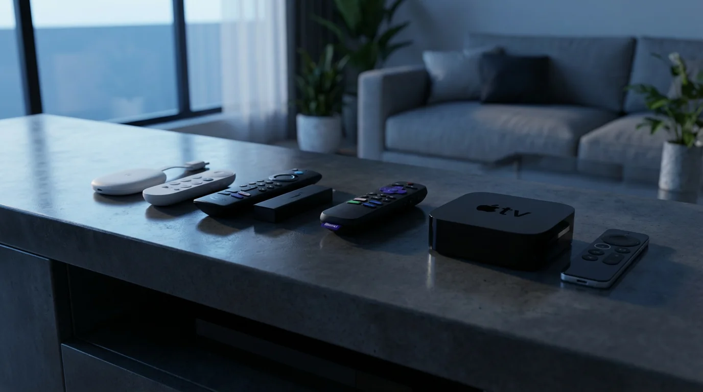 A low angle shot of Chromecast, Fire TV, Roku, and Apple TV devices.