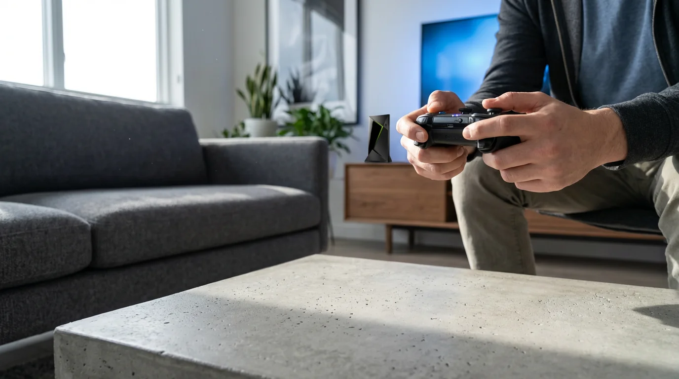 A low angle shot of hands holding a gaming controller, with the Nvidia Shield TV device in the background.
