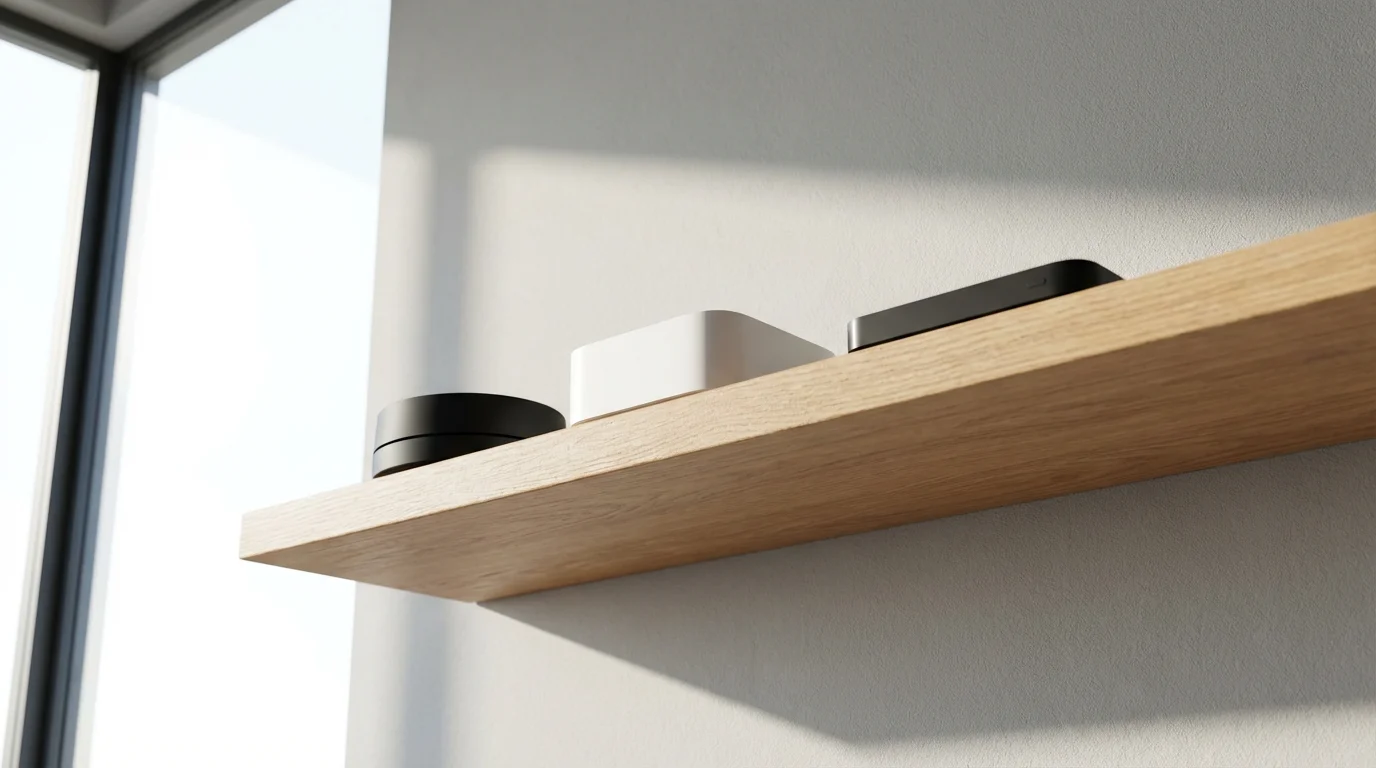 A low angle shot of three different modern streaming devices on a wooden shelf.