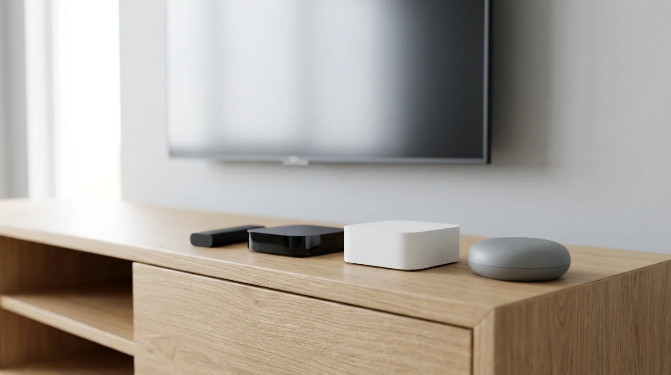 A low angle shot of various generic streaming media devices on a modern console.