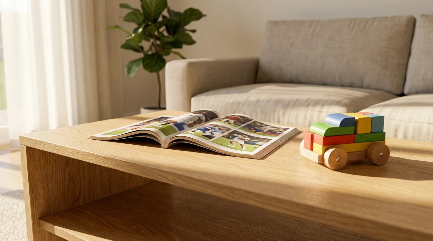 A low angle view of a coffee table with a sports magazine and a child's toy.