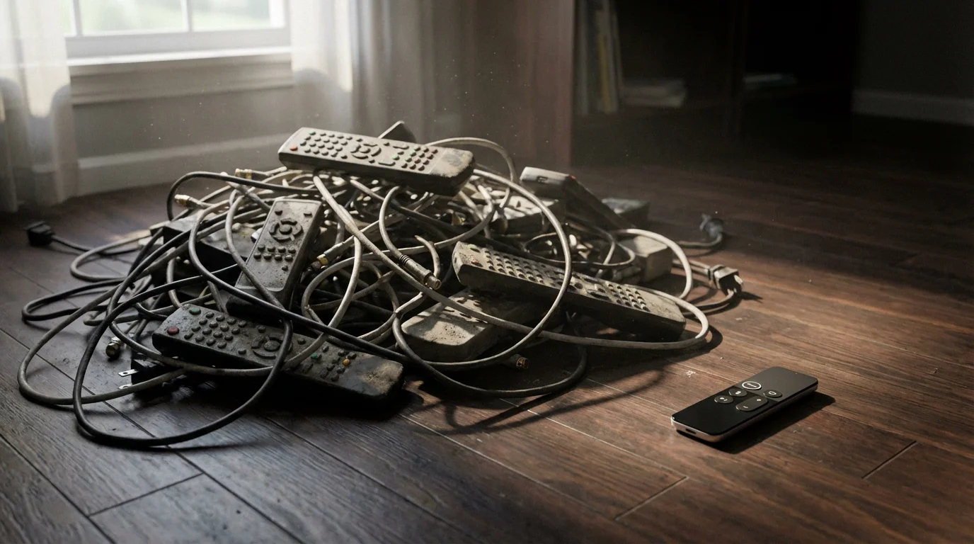 A low angle view of a dusty pile of old cables and remotes.