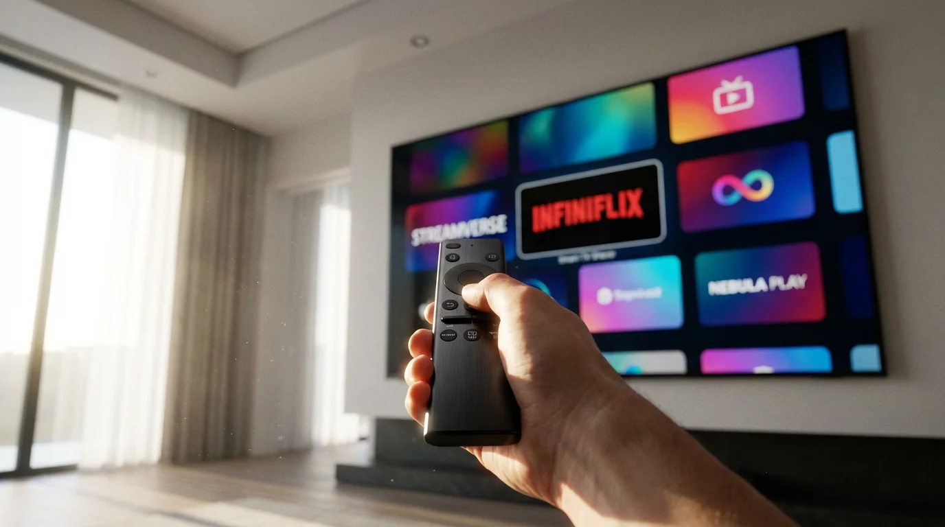 A low angle view of a hand holding a remote pointed at a TV screen.