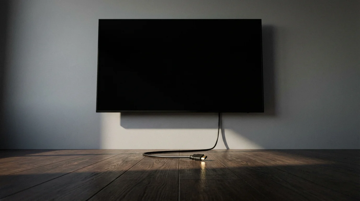 A low angle view of an unplugged HDMI cable on the floor below a blank TV.