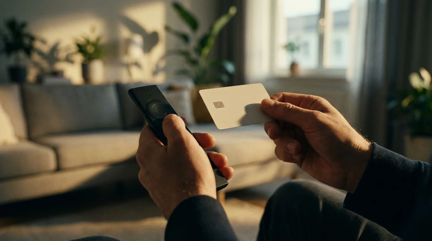 A low angle view of hands holding a TV remote and a credit card.
