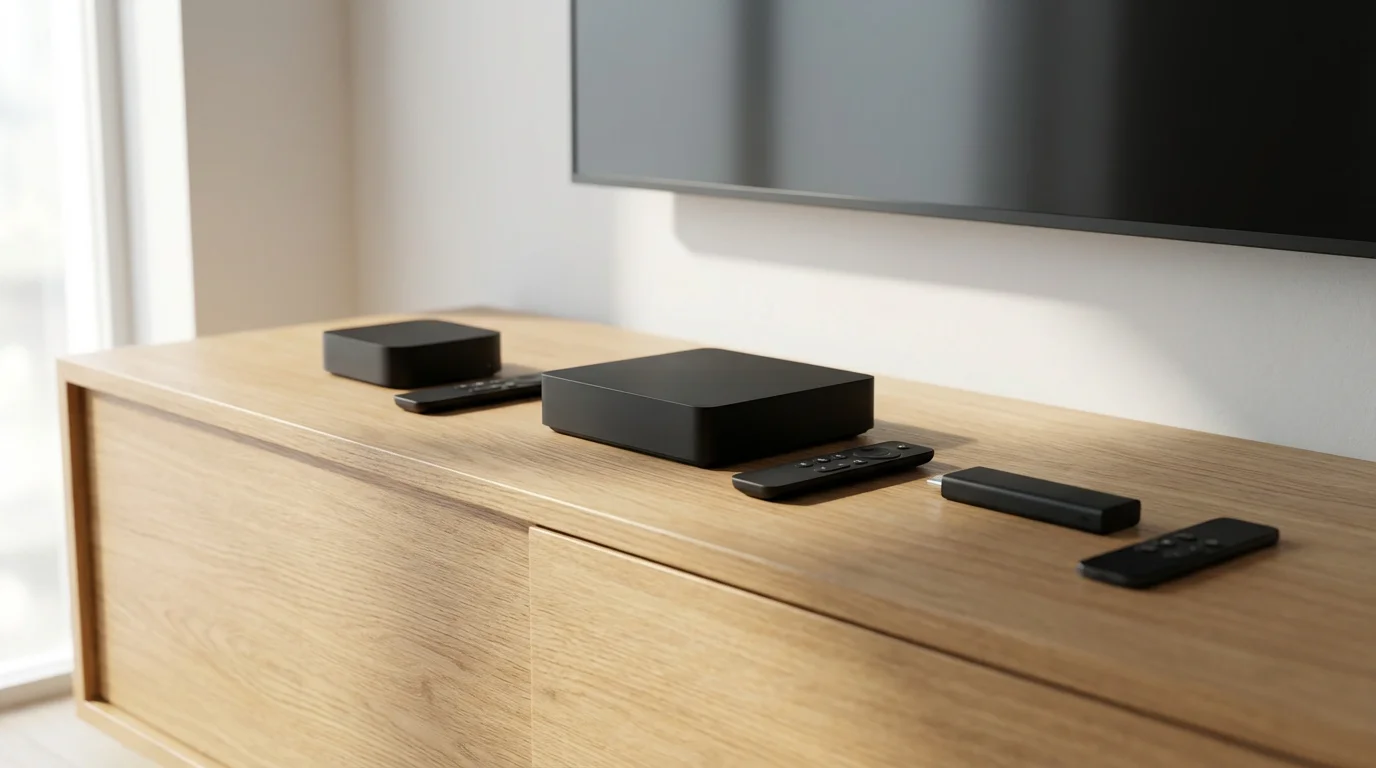 A low angle view of three different streaming media devices and their remotes on a media console.