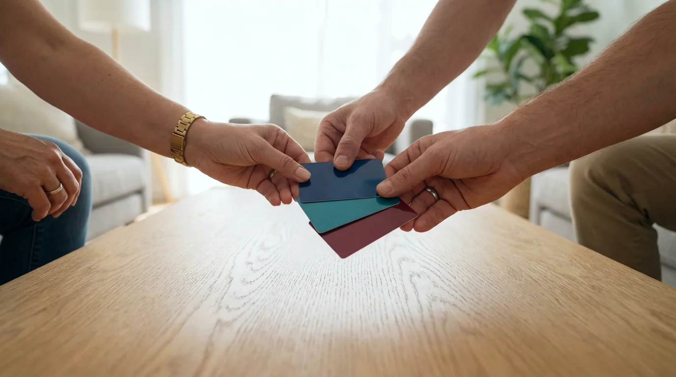 A low angle view of three people's hands stacking different colored cards together, symbolizing bundling services.