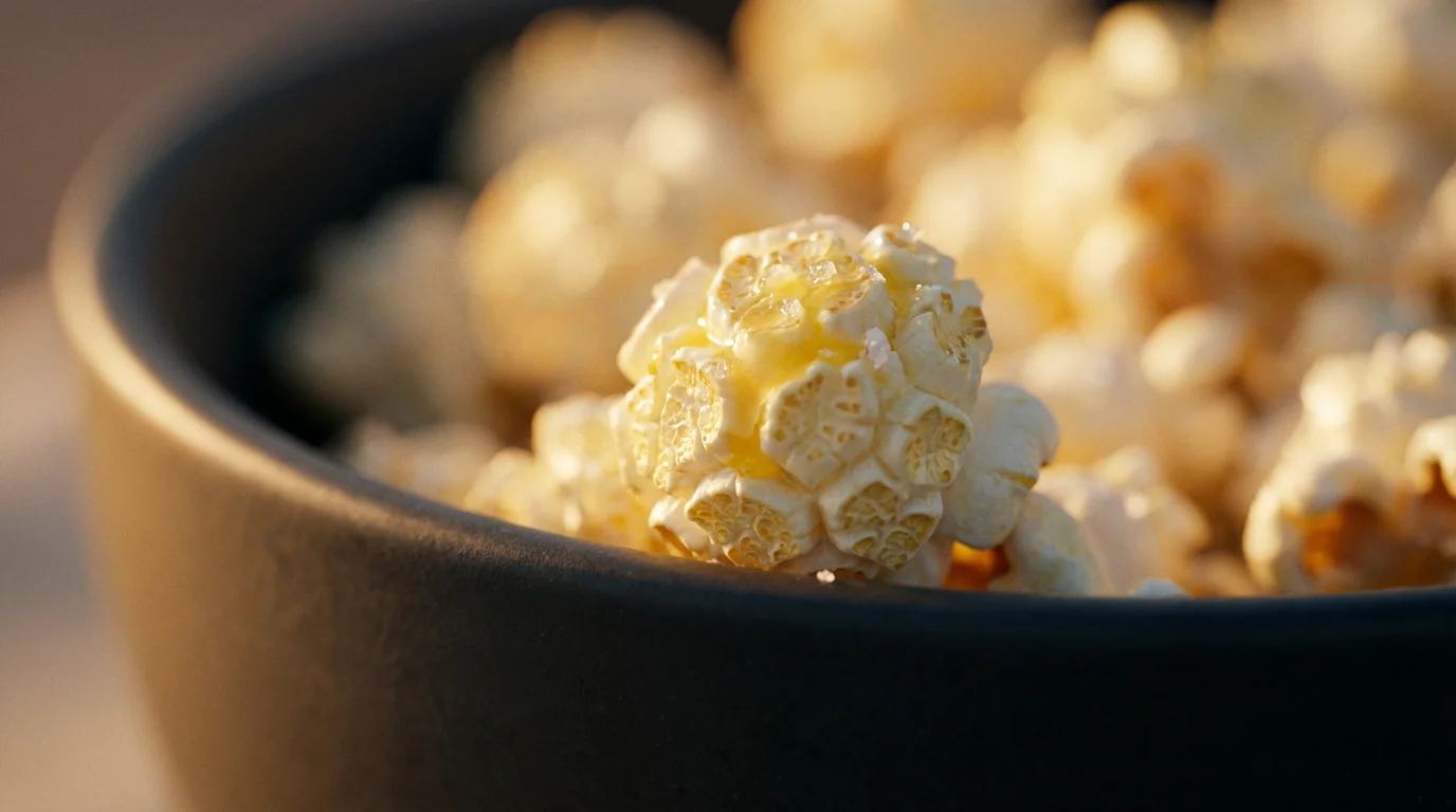 A macro close-up of a single piece of buttery popcorn in a bowl.