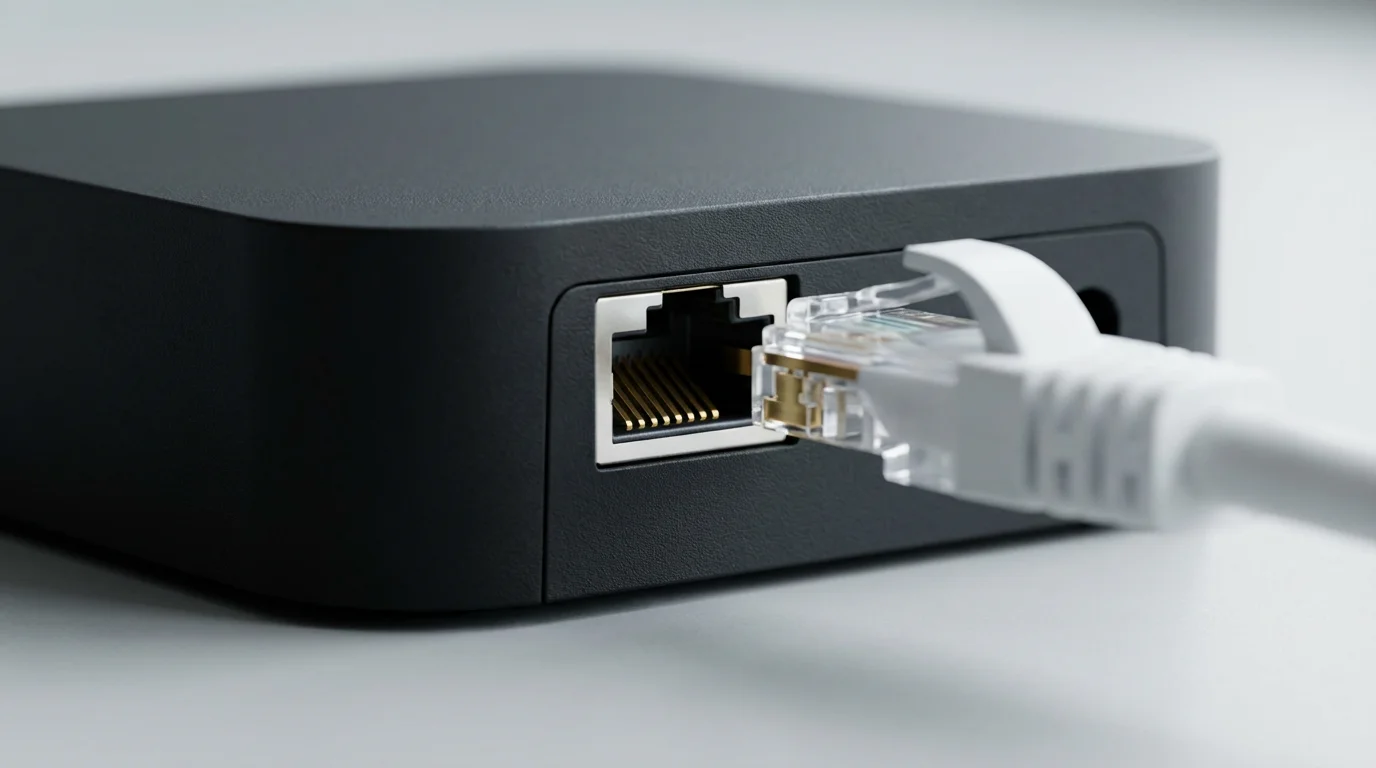 A macro photograph of a white ethernet cable about to be plugged into a media streaming device.