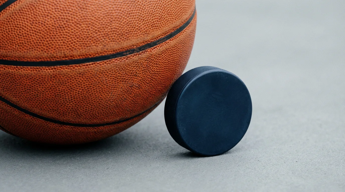 A macro photograph of an orange basketball and a blue hockey puck touching.