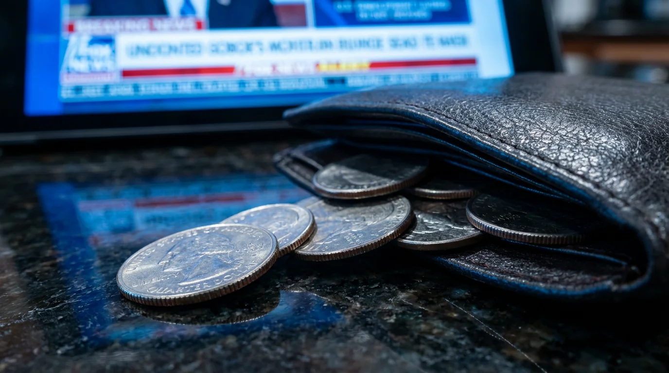 A macro photograph of coins spilling from a wallet, illuminated by the cool blue light from a screen.