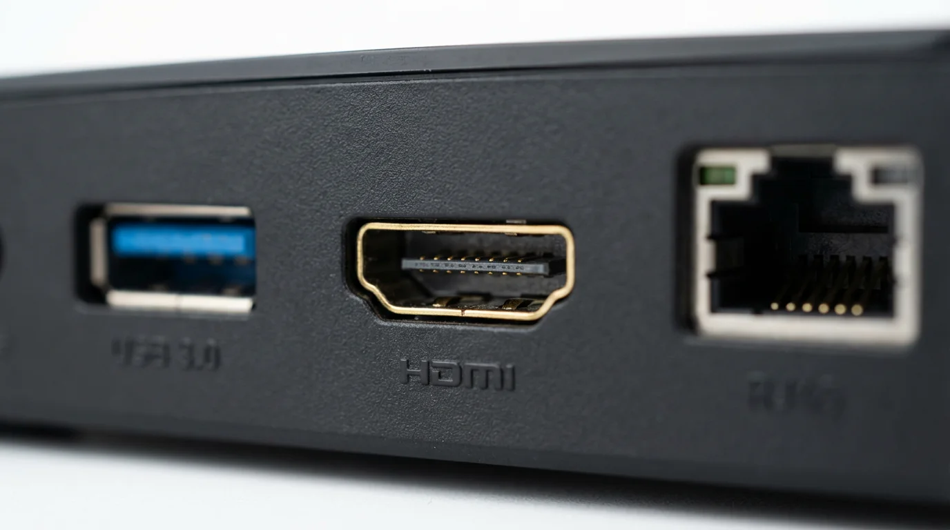 A macro photograph of the HDMI, USB, and Ethernet ports on a media device.