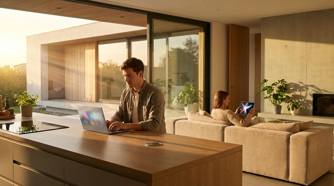 A man on a laptop and woman on a tablet watching different streams in a modern home.