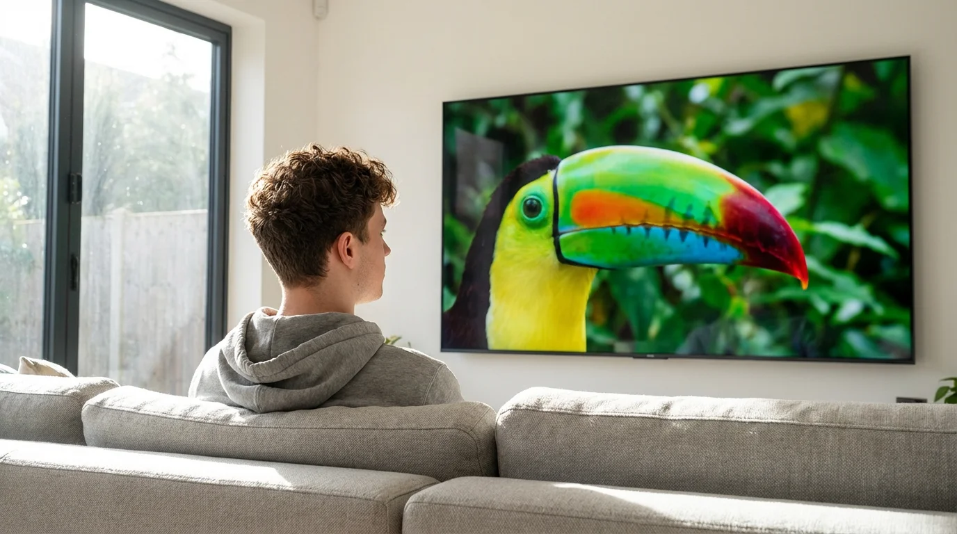 A man seen from behind watching a vibrant 4K HDR image of a toucan.