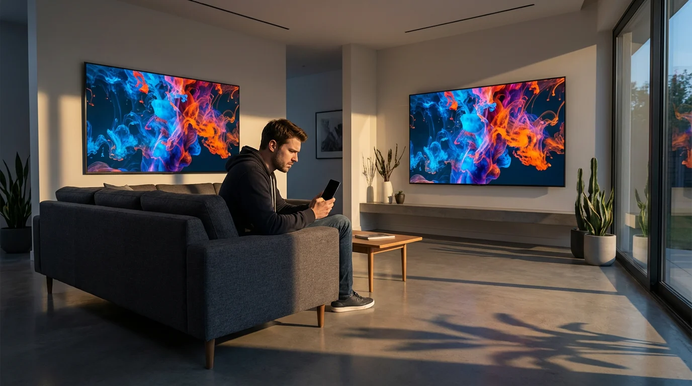 A man sits frustrated on his couch while a commercial plays on his TV.