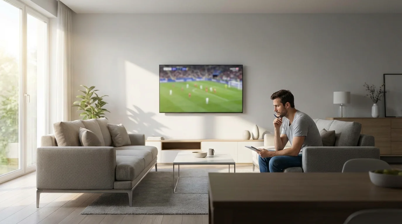A man sits on a couch with a notepad, planning his sports viewing options.