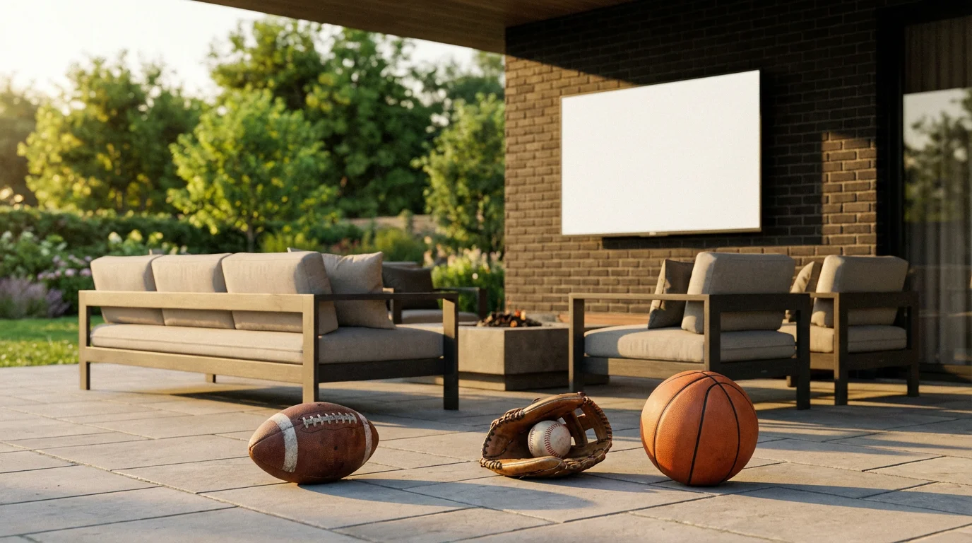 A modern backyard patio at sunset with an outdoor TV and various sports equipment.