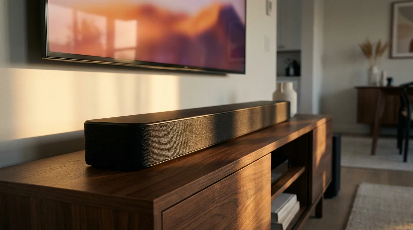 A modern black soundbar on a media console below a television during golden hour.