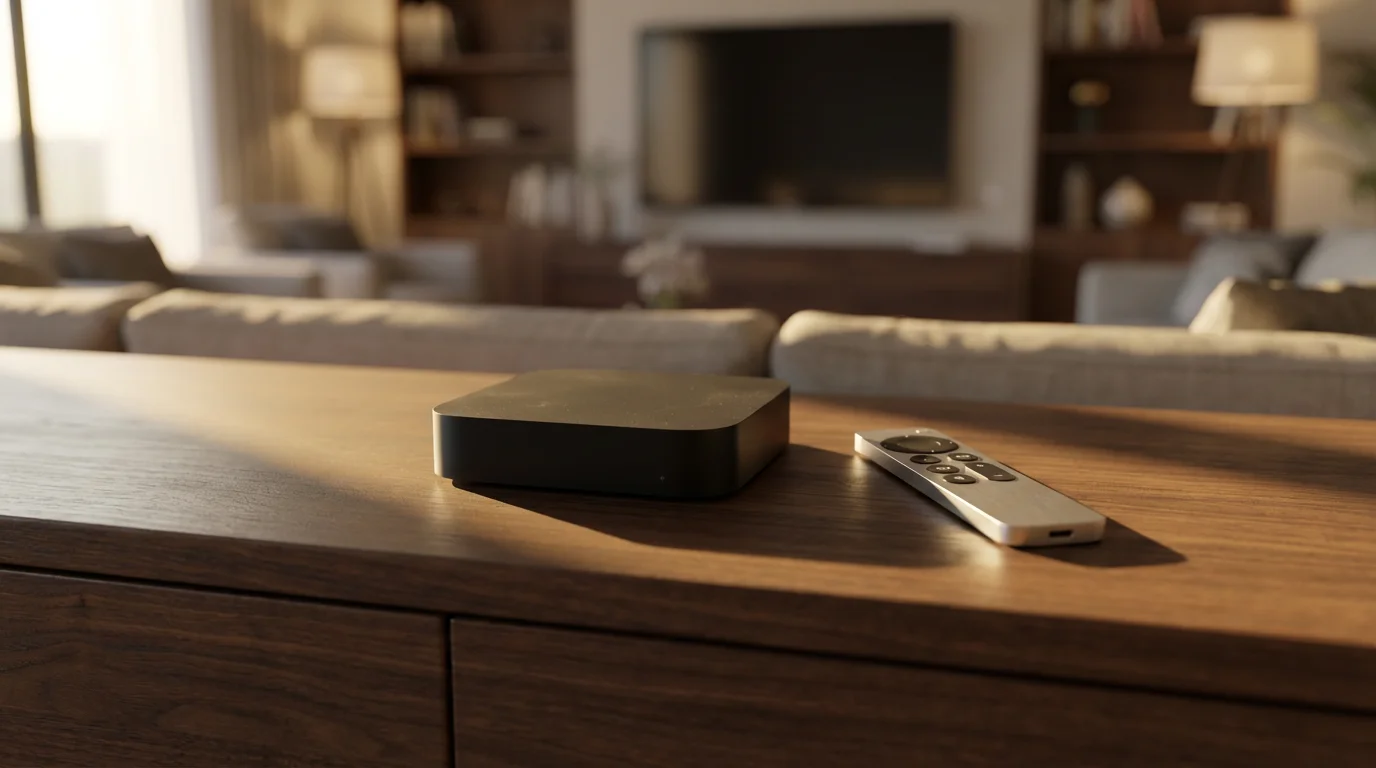 A modern black streaming device and remote on a media console during golden hour.