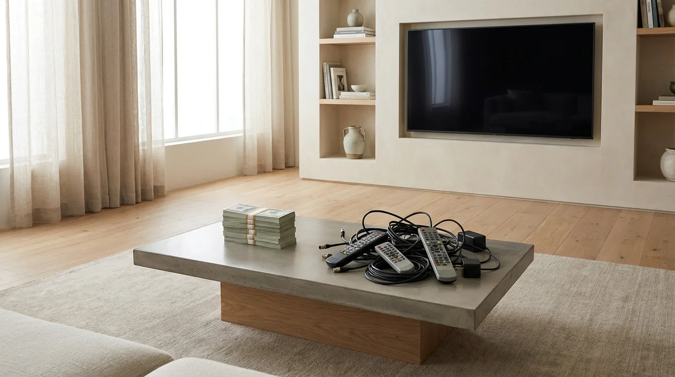A modern coffee table contrasting a stack of money against a pile of tangled cables.