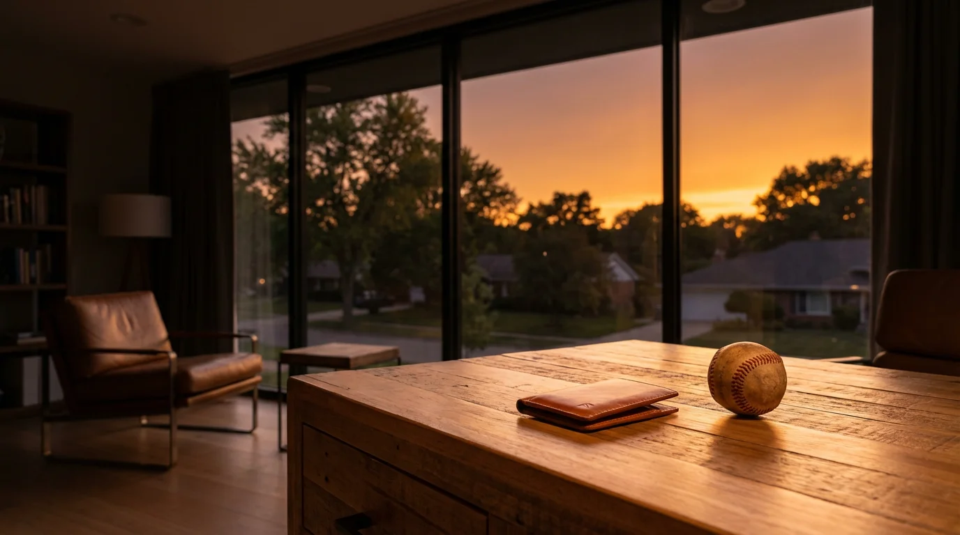 A modern desk at golden hour with a wallet and a baseball on it.