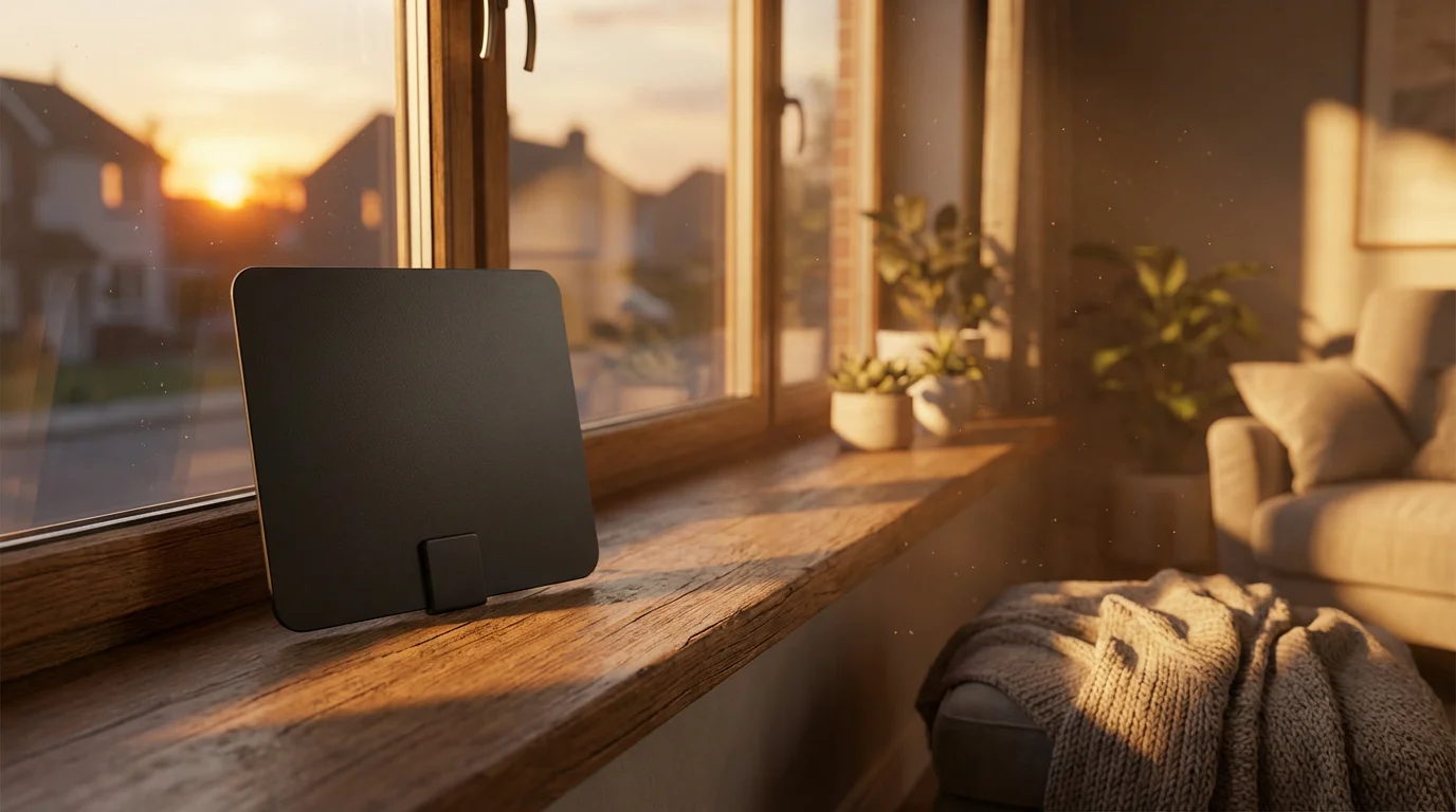 A modern digital TV antenna on a windowsill during a warm golden hour sunset.
