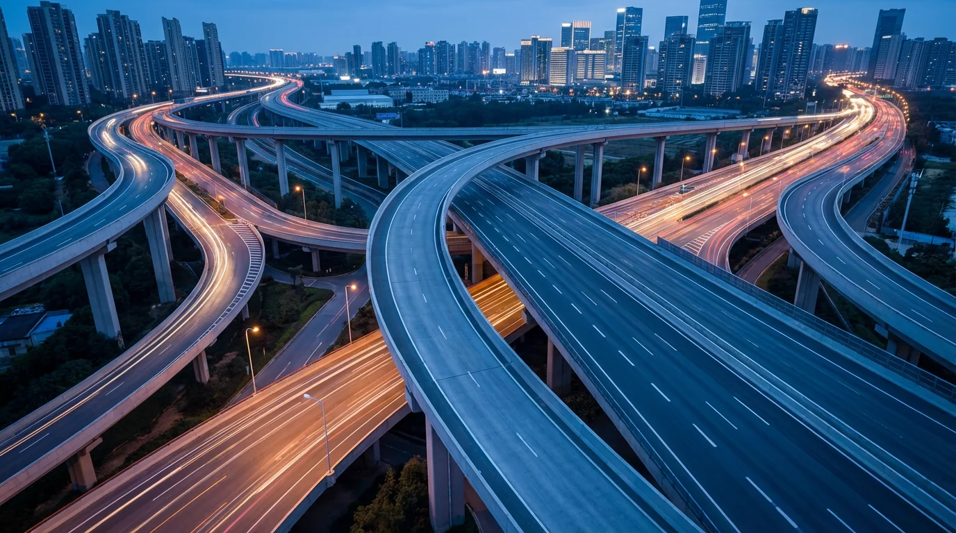 A modern highway interchange at dusk with light trails from cars, symbolizing streaming options.