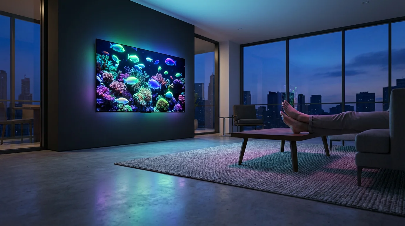 A modern living room at dusk with a large 4K TV showing a vibrant scene.