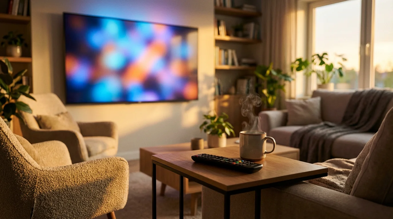 A modern living room at golden hour with a streaming remote on the table.