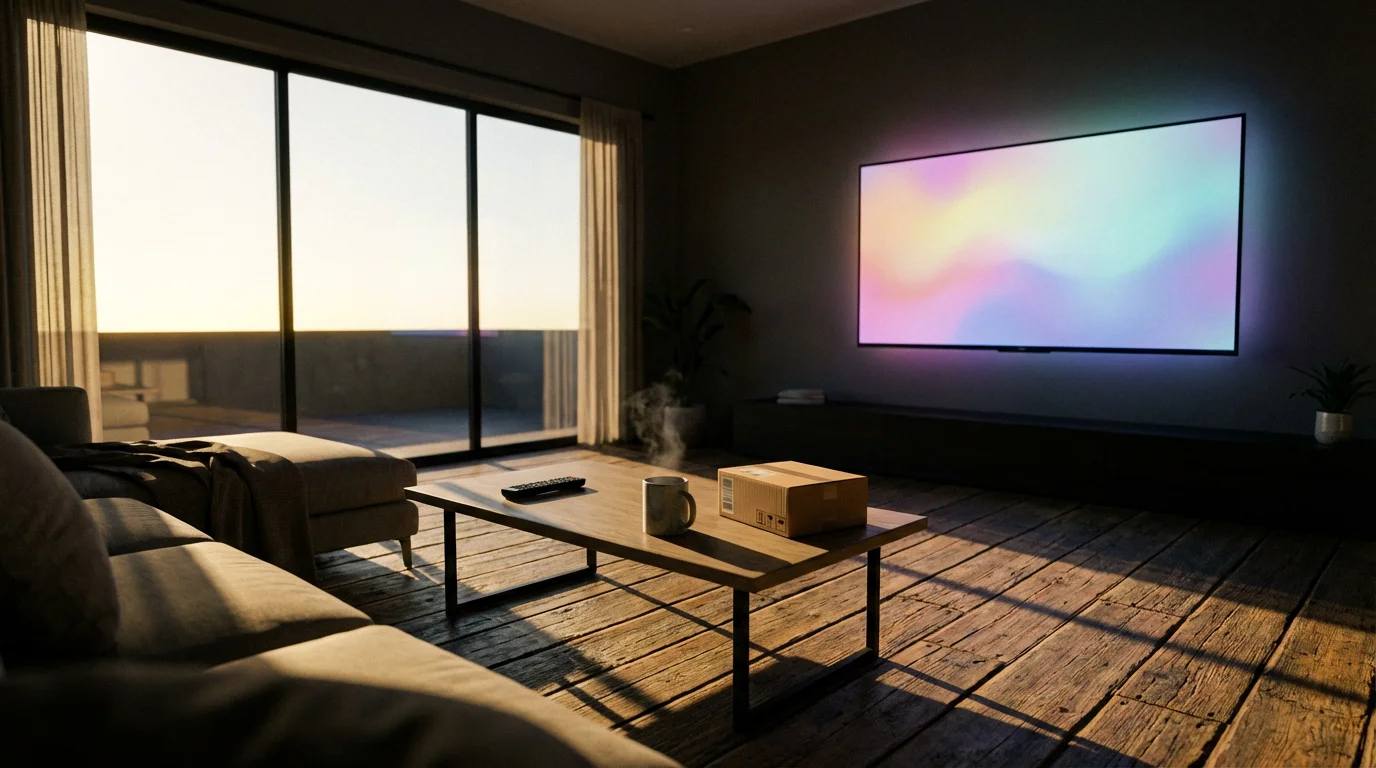 A modern living room at sunset with a TV, remote, and shipping box.
