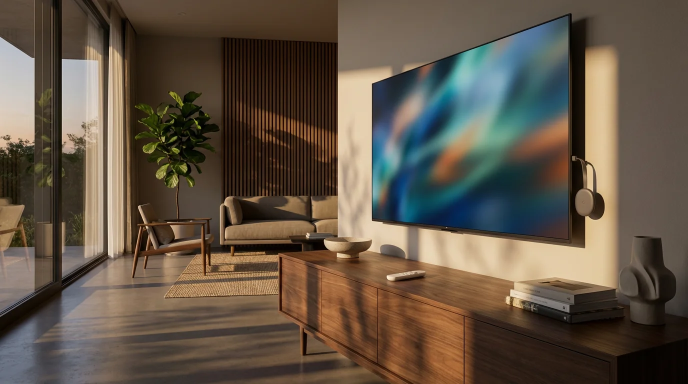 A modern living room in moody afternoon light with the Chromecast remote on a console.