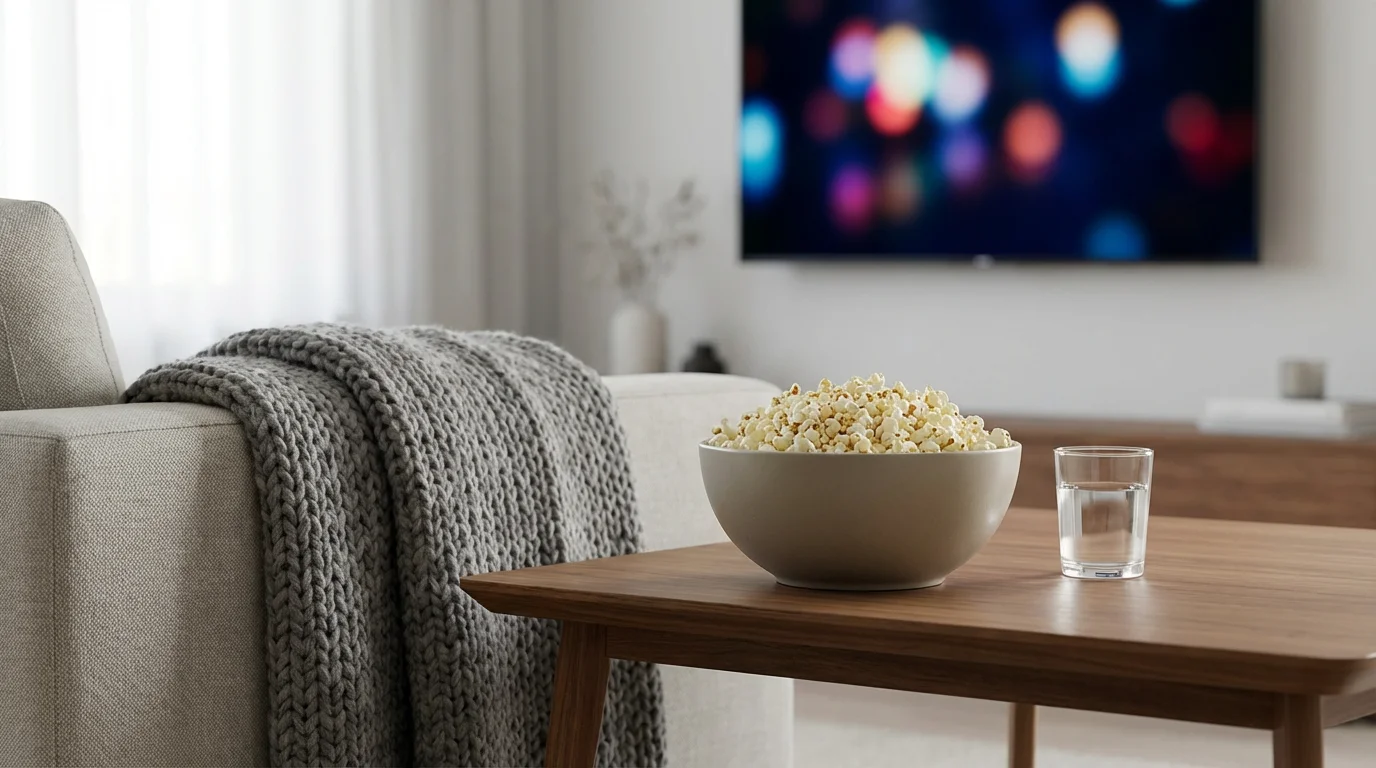 A modern living room with a bowl of popcorn and a blanket, ready for watching TV.