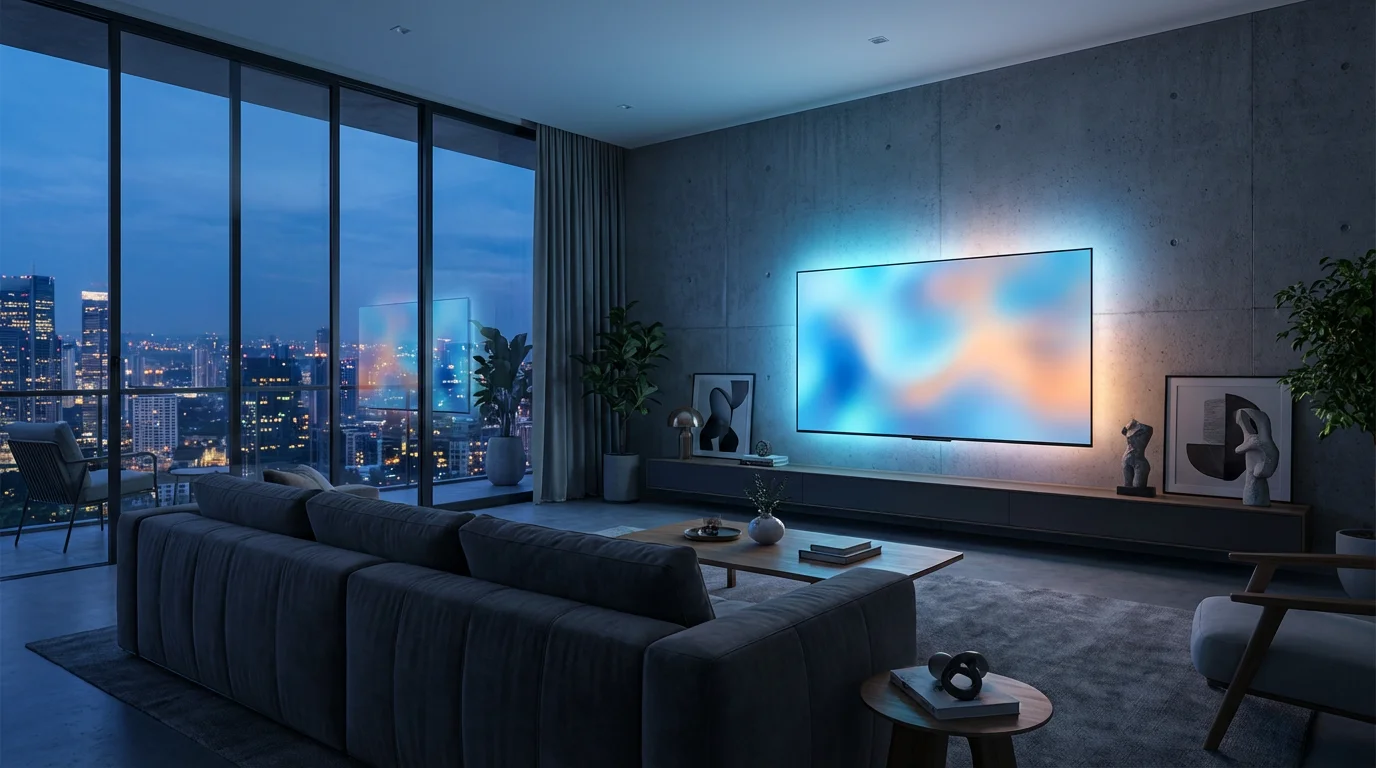 A modern living room with a glowing television screen against a city skyline at dusk.